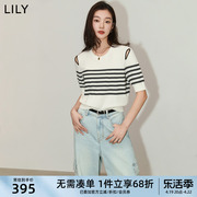 lily2024夏女装(夏女装)复古条纹，设计感镂空基础款收腰修身毛针织衫女