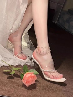 千金小姐～夏天仙女水晶透明高跟鞋女粗跟水钻凉鞋白色高跟凉拖鞋