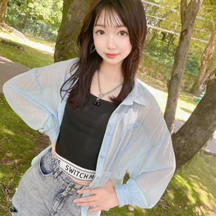 少女装日单条纹刺绣薄款雪纺衫+松紧字母下摆针织背心套装23456