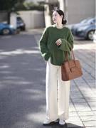 秋冬季套装女高级感小洋装软糯绿色针织毛衣+白色阔腿裤子两件套