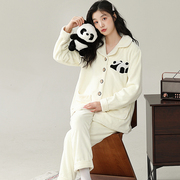 熊猫珊瑚绒睡衣女秋冬季2023法兰绒长袖长裤卡通家居服可外穿