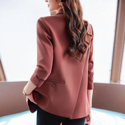 韩版砖红色开叉西装外套，女秋冬季双排扣时尚宽松洋派，轻奢休闲西服