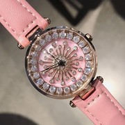 蒂米妮士手表女会表皮皮带，镶钻粉红色款，时尚圆形石英真皮国产腕表