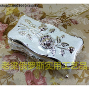 ZR-3俄罗斯锡金属棉签首饰盒长方形银白色银玫瑰中号精致优雅欧式