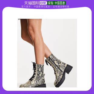 香港直邮潮奢asos女士，aliancepremium设计皮质粗跟绑带蛇纹靴