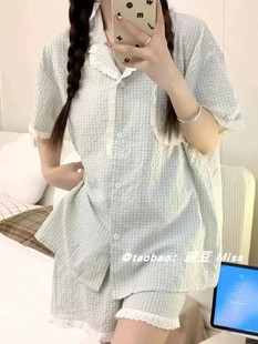 韩国ins简约格子短袖，短裤睡衣女夏季甜美少女网红家居服套装