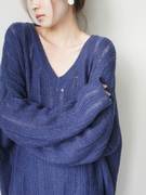 蓝紫色V领温柔镂空套头针织衫女2023春季慵懒宽松马海毛毛衣上衣