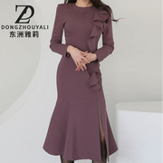 3232直播气质紫色连衣裙秋冬名媛，设计感荷叶，边修身包臀鱼尾