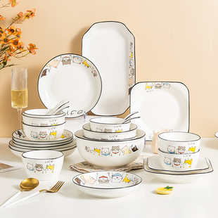 日式创意碗碟套装家用卡通大号，陶瓷饭碗菜盘面碗汤碗可爱餐具组合
