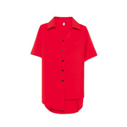 女气质欧美打底衫不规则纯色翻领短袖，红色开衫2021通勤雪纺单排扣