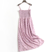 粉紫碎花吊带裙缩褶收腰修身方领无袖雪纺裙减龄时髦女连衣裙A288