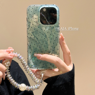 kaia高级感清新蓝绿镭射波点适用苹果15promax手机壳iphone1312创意，链条14女14promax双层15pro软手机套