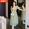 新中式绿色雪纺连衣裙子夏季2024年中国风小个子高腰显瘦女装