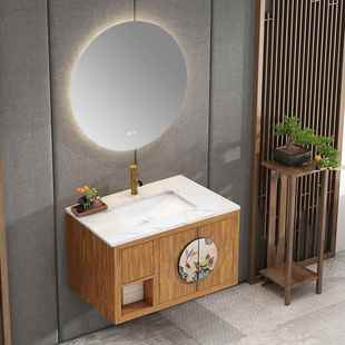 中式艺术实木浴室柜，组合卫生间洗手洗脸盆柜智能岩板一体，盆洗漱台