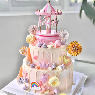 韩版创意旋转木马音乐盒，可爱梦幻粉嫩少女心，公主生日蛋糕装饰摆件