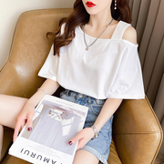 设计感小众短袖t恤女夏季韩版宽松ins小个子个性露肩性感上衣服潮