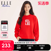 ELLE Active2023秋冬经典圆领红色卫衣女字母印花本命年卫衣无帽