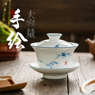 景德镇甜白瓷三才盖碗茶杯套装薄胎手绘陶瓷大号功夫泡茶碗单个