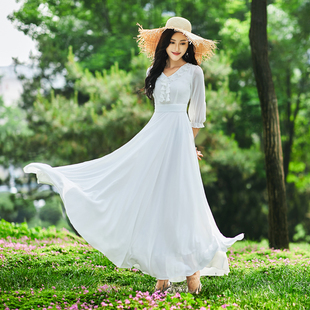 连衣裙仙女风2024夏气质(夏气质)拖地裙子大摆裙沙滩裙白色雪纺超长裙
