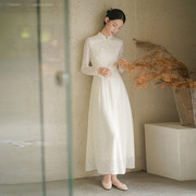 初蝉新中式国风连衣裙2024年春装收腰显瘦立领白色蕾丝仙女裙