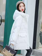 白色连帽中长款羽绒棉服，女2023冬季学院，风韩版宽松棉衣厚外套