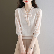 韩国半袖t恤女春季2024小衫时尚，雪纺短袖冰丝上衣七分袖针织