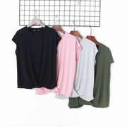2021夏季女装时尚韩版气质纯色圆领套头落肩短袖宽松褶皱扭结T恤