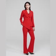 女士小西装红色套装职业装，2023商务修身型长袖双排扣通勤纯色