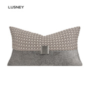 轻奢高级感皮沙发抱枕灰色马毛拼接编织样板间定制床上腰枕靠垫套