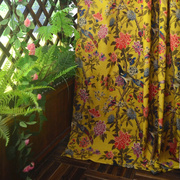 客厅卧室书房美式田园乡村黄色复古小鸟花卉棉麻亚麻印花窗帘布料