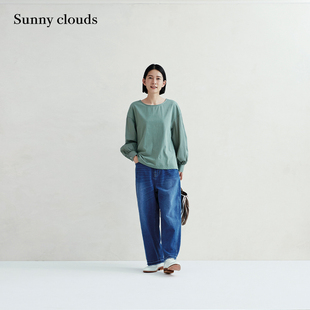 春季 桑妮库拉/Sunny clouds纯棉落肩针织拼接罩衫豆绿色上衣