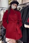 过年红色双面羊绒大衣女短款秋冬系带修身显瘦立领羊毛呢外套