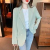 2023秋季韩版小众设计女西服果绿色长袖中长款单排扣西装外套