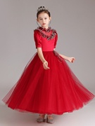 女童酒红色钢琴礼服演出服公主裙长款儿童花边领主持蓬蓬纱生日裙