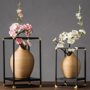 新中式家居饰品电视柜摆件金属铁艺花架陶瓷花盆花瓶