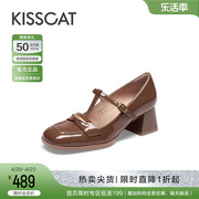 KISSCAT接吻猫2024春法式通勤圆头单鞋T字带粗高跟玛丽珍鞋女