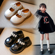 女童皮鞋公主鞋时尚单鞋，2023雪花珍珠，鞋花边软底舒适中大童鞋