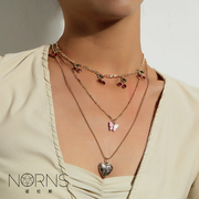 norns夸张红宝石水晶钻，樱桃车厘子吊饰开盖桃心多层粉色蝴蝶项链