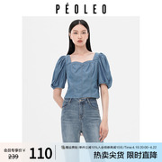 飘蕾法式牛仔衬衫女2023年夏季方(夏季方)领泡泡袖优雅短上衣女peoleo