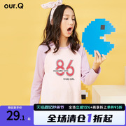 OURQ童装女童t恤学生个性撞色字母长袖印花打底上衣春秋洋气潮