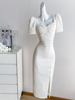 白色复古改良旗袍连衣裙，女夏季长裙法式赫本风，高级感气质礼服裙子