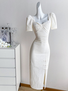 白色复古改良旗袍连衣裙，女夏季长裙，法式赫本风高级感气质礼服裙子
