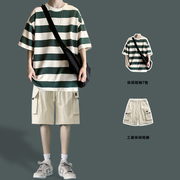 日系条纹短袖t恤套装男夏季帅气五分袖短裤学生搭配盐系两件套潮