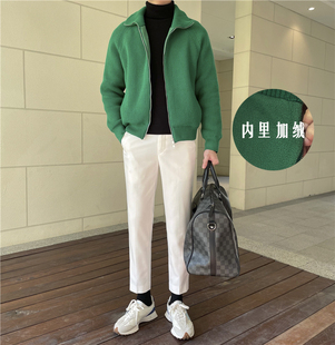 韩版冬季亮绿色系加绒保暖毛衣外套立领厚款潮男士拉链针织衫夹克