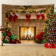 圣诞节背景布北欧壁炉背景墙布圣诞装扮挂布圣诞树圣诞老人挂毯布