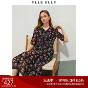 ylleelly复古印花连衣裙2024夏季气质，v领微透抽褶收腰茶歇裙