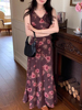 韩国chic夏季复古优雅V领玫瑰印花修身显瘦无袖鱼尾背心连衣裙女