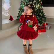 女童卫衣蓬蓬裙套装女宝圣诞红上衣蛋糕裙加绒红色拜年服凸凸纱裙