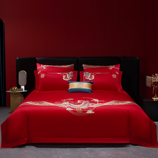 思辰家纺140支新中式结婚四件套，红色刺绣喜被婚庆十件套床上用品