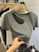 短袖t恤女2021夏装韩版ins潮设计感小众镂空锁骨洋气体恤上衣